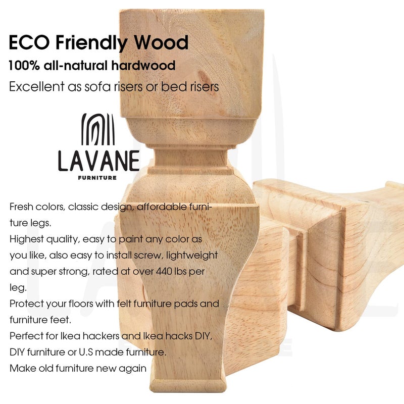 La Vane 8 inch / 20cm Wooden Furniture Legs  Set of 4 Carved Geometry Solid Wood Unfinished Replacement Bun Feet with Mounting Plate & Screws for Sofa Cabinet Couch Table TV Stand - Image 3